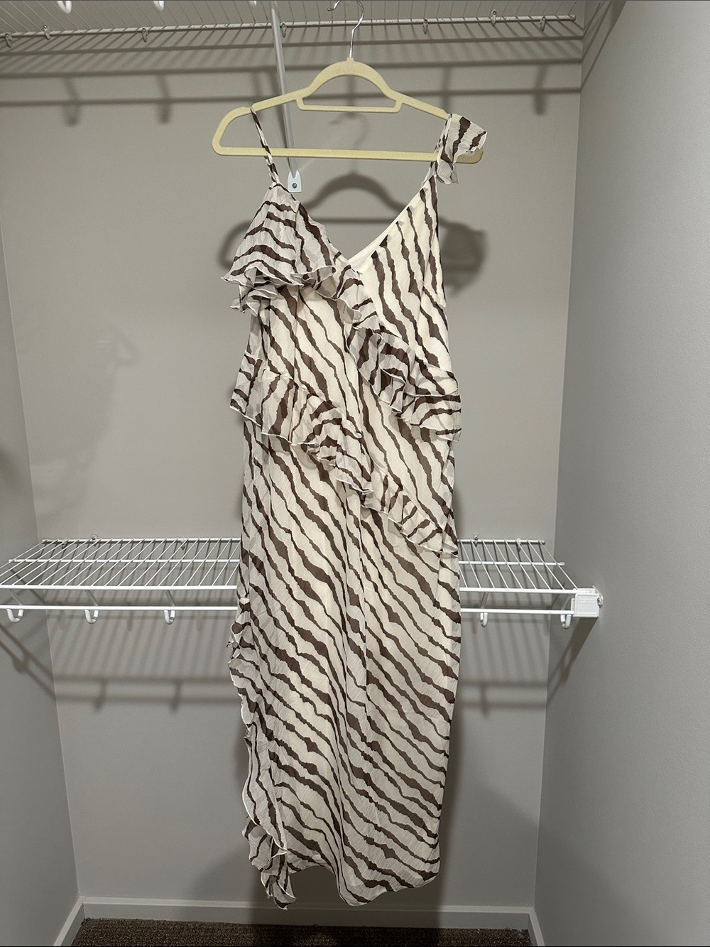 Ruffle-Trim Zebra-Stripe Maxi Dress in Cream and Brown